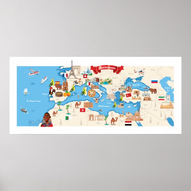 Cartoon Karte des Mittelmeers Poster (Vorne)