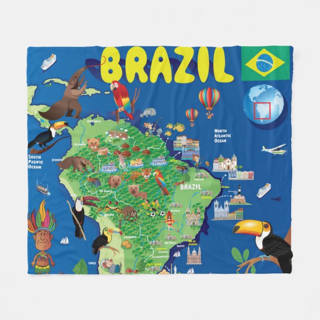Cartoon-Karte von Brasilien Fleecedecke (Vorderseite (Horizontal))