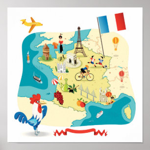Cartoon-Karte von Frankreich Poster