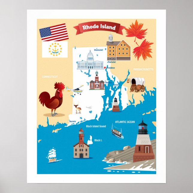 Cartoon Karte von Rhode Island Poster (Vorne)