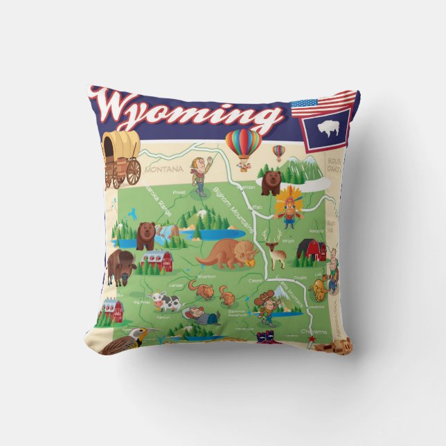 Cartoon-Karte von Wyoming Kissen (Vorderseite)
