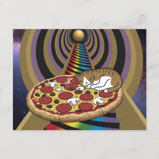 Cartoon Katze Schlafen auf Pizza Postkarte