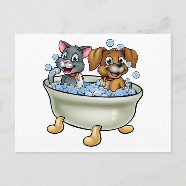Cartoon Katze und Hund im Bad Postkarte (Vorderseite)