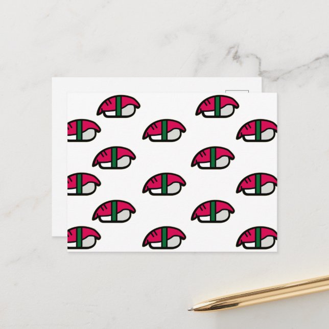 Cartoon Kawaii Sushi, Fischreis & Meeresalgen Postkarte (Vorderseite/Rückseite Beispiel)
