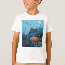 Cartoon Kid in U-Booten erkundet Untersee-Welt