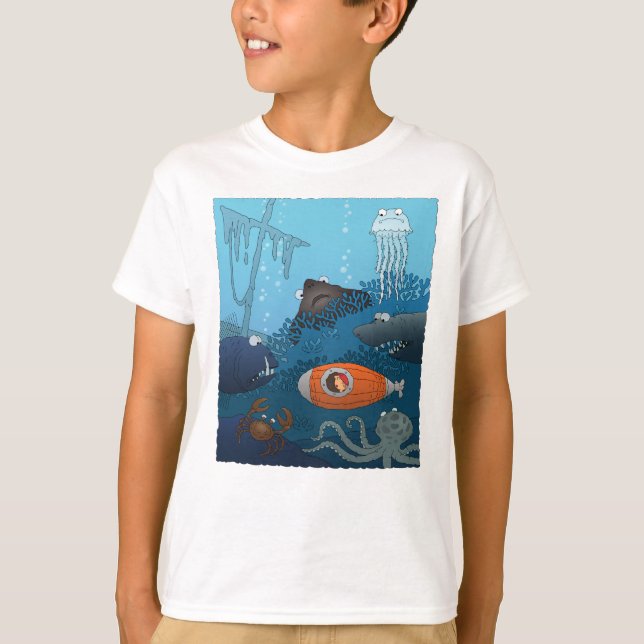Cartoon Kid in U-Booten erkundet Untersee-Welt T-Shirt (Vorderseite)