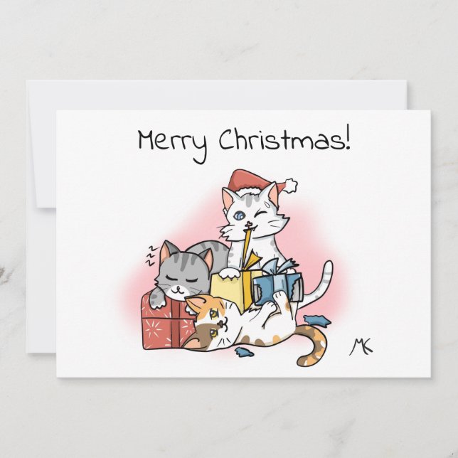 Cartoon Kittens entpacken Weihnachtsgeschenke Feiertagskarte (Vorderseite)