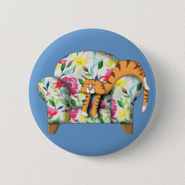 Cartoon Kitty schläft auf einem Blumenstuhl Button (Vorderseite)