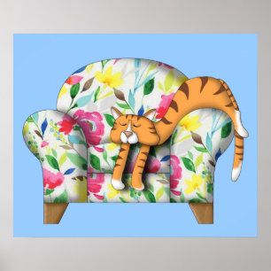 Cartoon Kitty schläft auf einem Blumenstuhl Poster