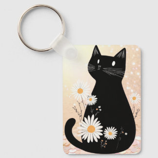 Cartoon Kitty with the Daisies Keychain Schlüsselanhänger