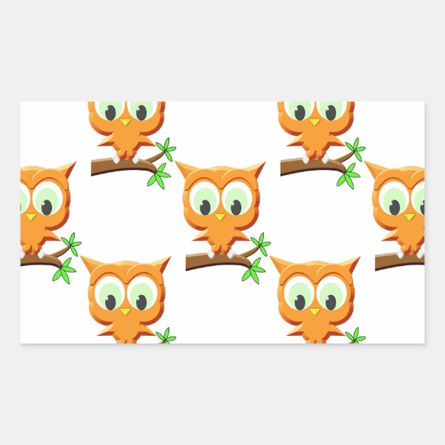 Cartoon Kleine Owl auf Zweigmuster Rechteckiger Aufkleber (Vorderseite)