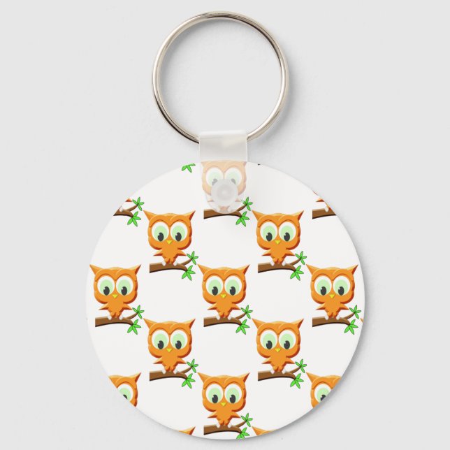 Cartoon Kleine Owl auf Zweigmuster Schlüsselanhänger (Vorderseite)