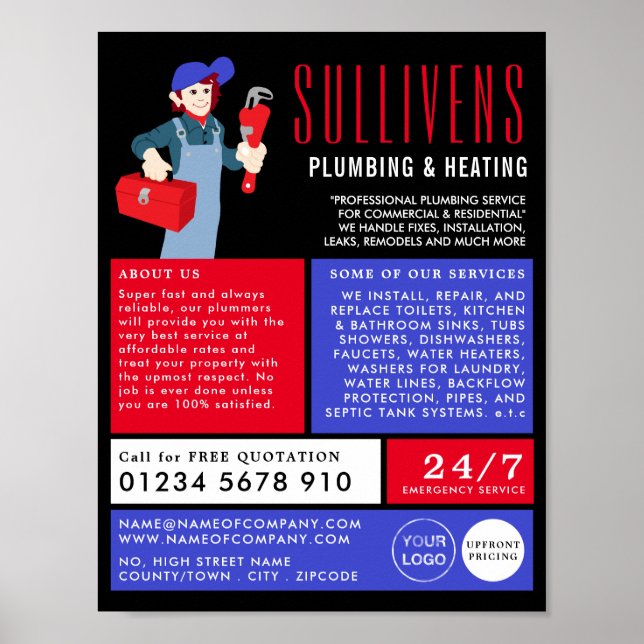 Cartoon Klempner, Klempner, Klempnerwerbung Poster (Vorne)