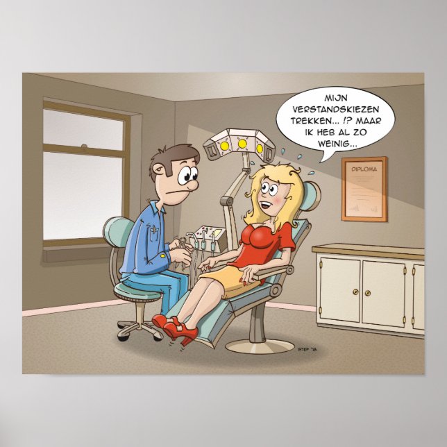 Cartoon; komt een blondje bij de tandarts. Poster (Vorne)