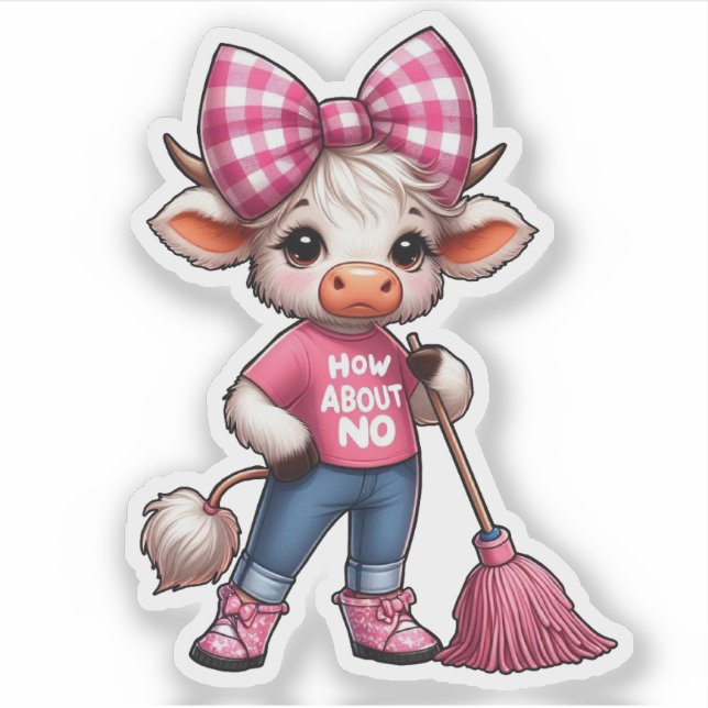 Cartoon Kuh in rosa Outfit mit Gingham Bow Aufkleber (Vorderseite)