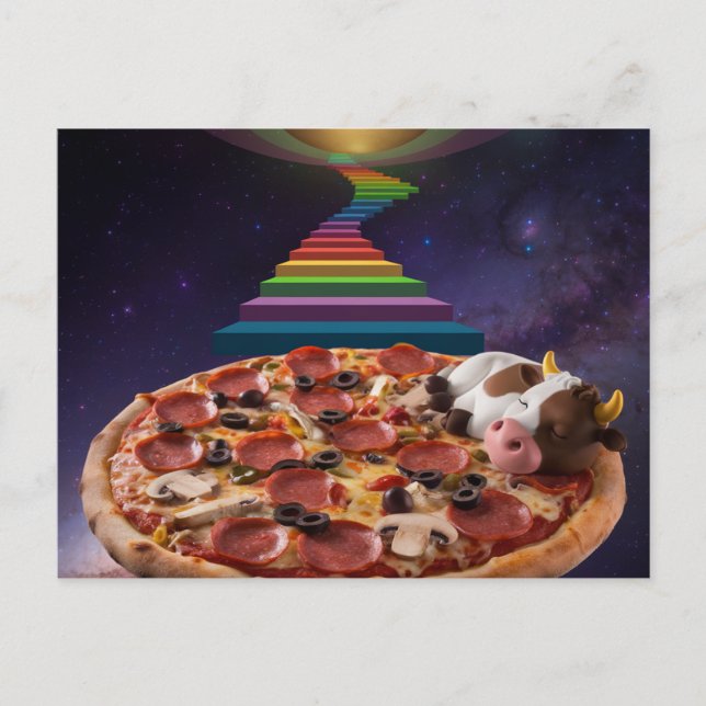 Cartoon Kuh Schlafen auf Pizza Postkarte (Vorderseite)