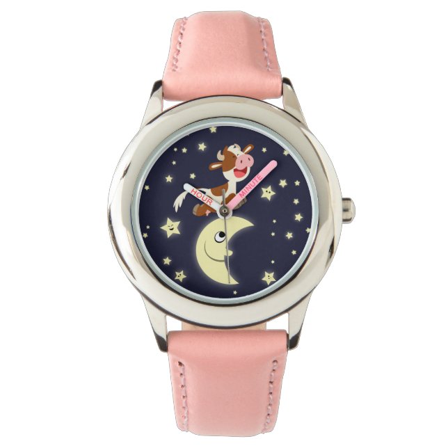 Cartoon Kuh sprang über die Mondbeobachtung Armbanduhr (Vorderseite)