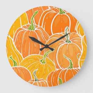 Cartoon Kürbis, niedliches Herbstmuster. Große Wanduhr