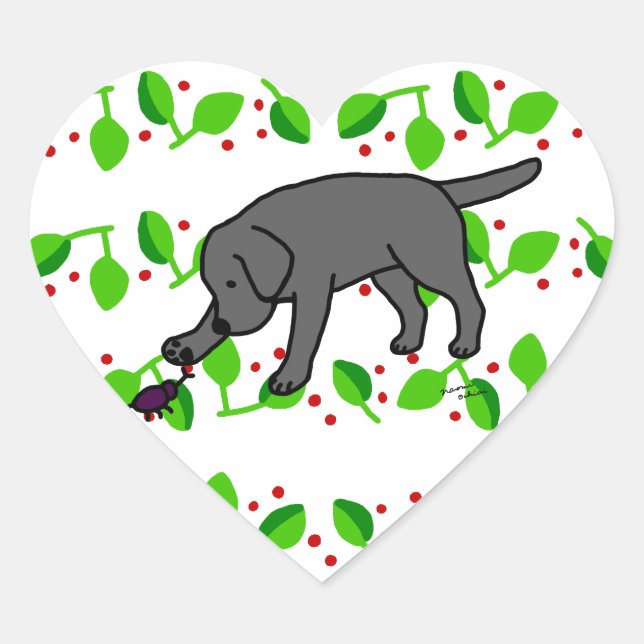 Cartoon Labrador-Blätter für Schwarzes Labor Herz-Aufkleber (Vorderseite)