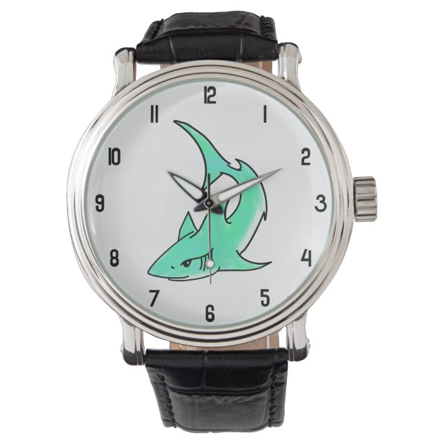Cartoon lächelnd Hai Minze blaugrünes Ozeantier Armbanduhr (Vorderseite)
