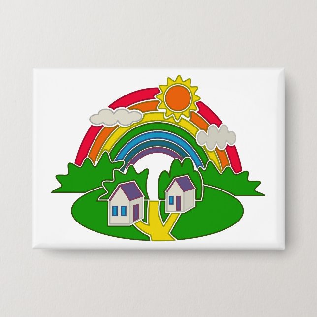 Cartoon Landschaft mit Regenbogen und Landhaus Button (Vorderseite)