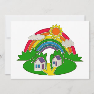 Cartoon Landschaft mit Regenbogen und Landhaus Einladung