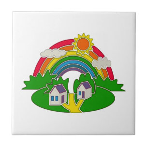 Cartoon Landschaft mit Regenbogen und Landhaus Fliese