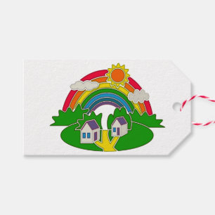 Cartoon Landschaft mit Regenbogen und Landhaus Geschenkanhänger