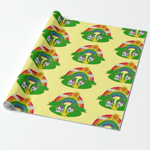Cartoon Landschaft mit Regenbogen und Landhaus Geschenkpapier