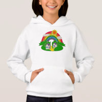 Cartoon Landschaft mit Regenbogen und Landhaus
