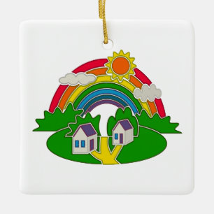 Cartoon Landschaft mit Regenbogen und Landhaus Keramikornament