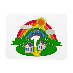 Cartoon Landschaft mit Regenbogen und Landhaus Magnet