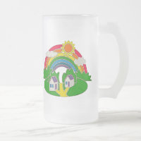 Cartoon Landschaft mit Regenbogen und Landhaus
