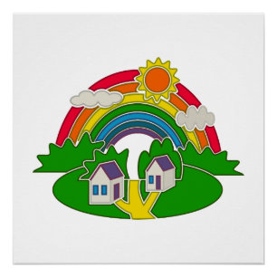 Cartoon Landschaft mit Regenbogen und Landhaus Poster