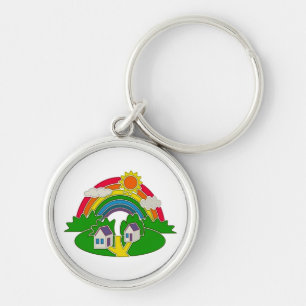Cartoon Landschaft mit Regenbogen und Landhaus Schlüsselanhänger