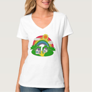 Cartoon Landschaft mit Regenbogen und Landhaus T-Shirt