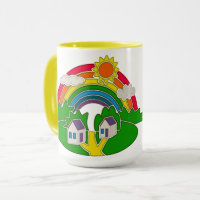 Cartoon Landschaft mit Regenbogen und Landhaus