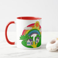 Cartoon Landschaft mit Regenbogen und Landhaus