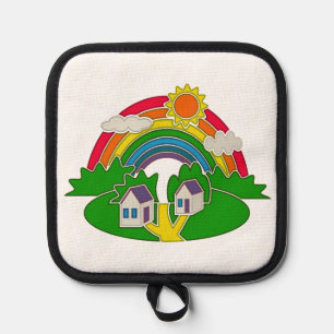Cartoon Landschaft mit Regenbogen und Landhaus Topflappen