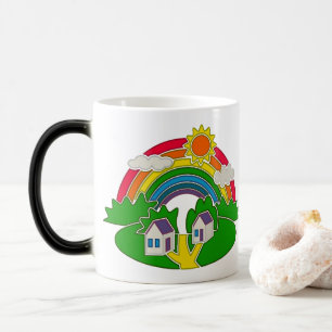 Cartoon Landschaft mit Regenbogen und Landhaus Verwandlungstasse