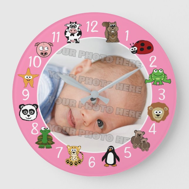 Cartoon-Lebewesen-Kinder-und Baby-Gewohnheits-Rosa Große Wanduhr (Vorderseite)