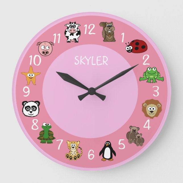Cartoon-Lebewesen mit Namensschablonen-Rosa Große Wanduhr (Vorderseite)