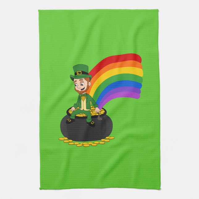 Cartoon leprechaun auf einem Topf aus Gold Geschirrtuch (Vertikal)