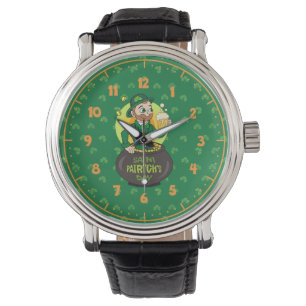 Cartoon leprechaun in einem Topf mit einem Pint Armbanduhr