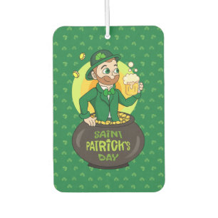 Cartoon leprechaun in einem Topf mit einem Pint Autolufterfrischer