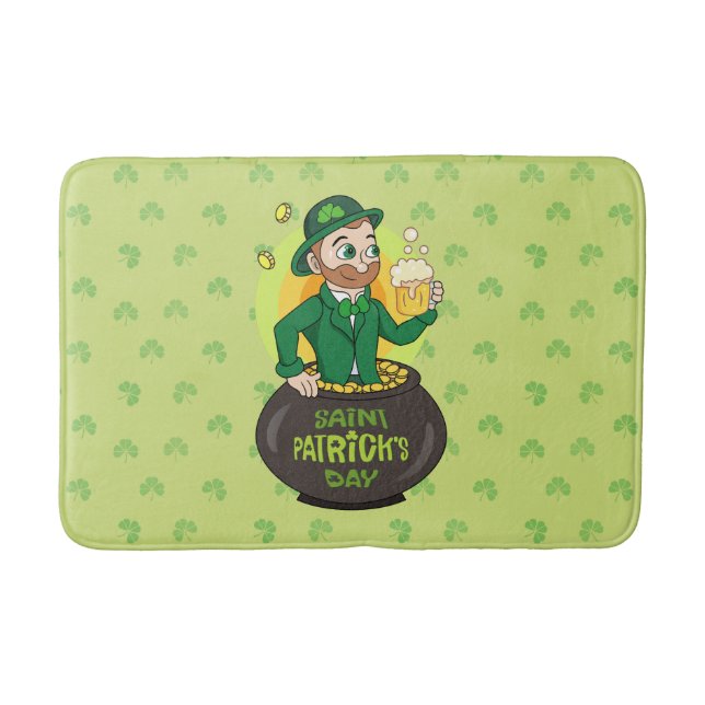 Cartoon leprechaun in einem Topf mit einem Pint Badematte (Vorderseite)