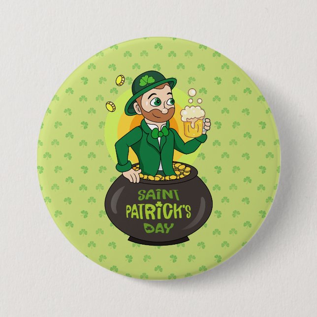 Cartoon leprechaun in einem Topf mit einem Pint Button (Vorderseite)
