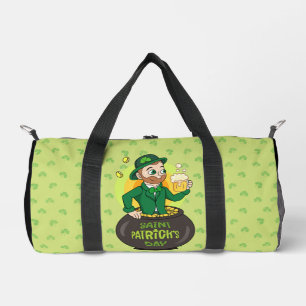 Cartoon leprechaun in einem Topf mit einem Pint Duffle Bag