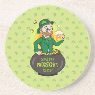 Cartoon leprechaun in einem Topf mit einem Pint Getränkeuntersetzer