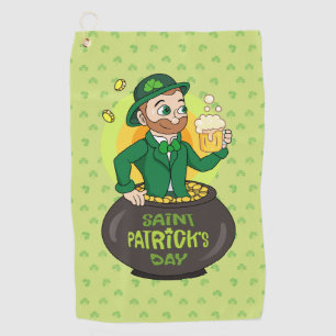 Cartoon leprechaun in einem Topf mit einem Pint Golfhandtuch